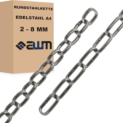 Edelstahlkette VA4 Rundstahlkette Ankerkette Edelstahl Kette Stahlkette ähnl. DIN 766 / DIN 763 (Kurzgliedrig - 2 mm = 10 Meter)