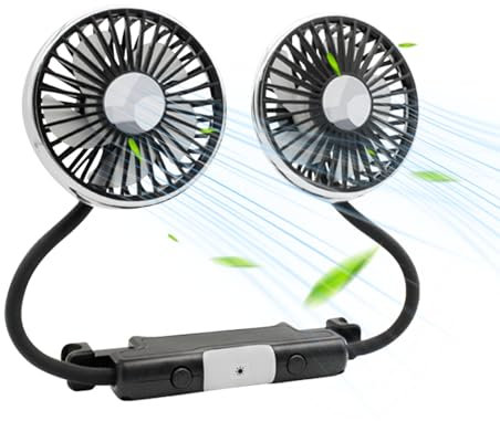KMDZDZGS car rear seat cooling fan, USB Car double head fan with 3 levels of adjustment and LED lighting, 360° rotatable car fan, low noise, mini car fan for Car Home Office