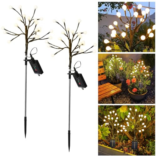 Journeyside Lumière de Jardin Solaire, 2 Pièces 20 LED Lumières Solaire Déco, 8 Modes Réglables Lampe Solaire Exterieur,IP65 Étanche Lampes Solaire Exterieur Forme D'arbre, pour Pelouse, Patio,Balcon