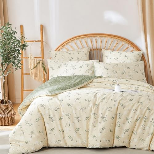 Lanqinglv Bettwäsche 135x200 4 Teilig Baumwolle Blumenmuster,Beige Grün Pflanzen Wendebettwäsche ÖKO-TEX Bettwäsche Set Renforce Bettbezug mit Reißverschluss und 2 Kissenbezug 80x80 cm