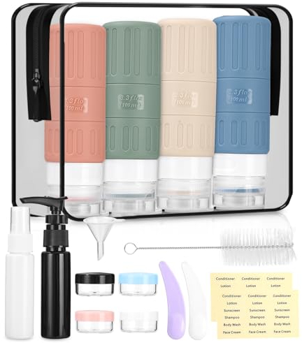 Flacons de Voyage en Silicone 100ml, Bouteille de voyage réutilisable,16 pièces Ensemble de Flacons,Anti-Fuite,Flacon Voyage,Contenant Voyage pour shampoing, gel douche, produits de soins de la peau