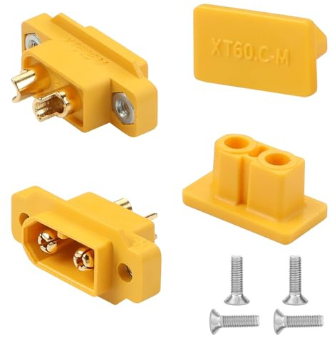QIANRENON XT60 Fest Montage Löten Anschluss Vergoldet XT60 Stecker Panel Montage Gelötet Adapter XT60E-M 35A 12AWG, mit Staubkappe, für Modellflugzeug RC Lithium Batterie Drohne RC Auto, 2Pcs