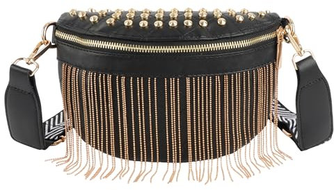 MilyaDE PU Leder Hüfttasche Golden Fransen Nieten Bauchtasche Schultertasche Umhängetasche mit Hüftgurt