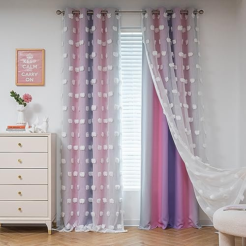 MYSKY HOME Vorhang Kinderzimmer Mädchen Blickdichte Gardine 2er Set Verdunklungsvorhänge Doppellagige Raumteiler Vorhänge mit Voile Wohnzimmer Gardinen für Zuhause, H 213 x B 132 cm, Rosa+Lila