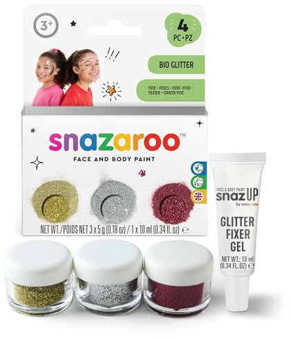 Snazaroo Bio Glitter, Purpurina Biodegradable Fina - Set 3 x Fine + Gel Fijador