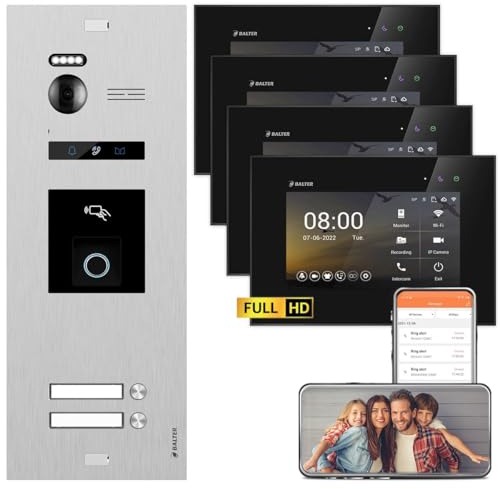 BALTER EVO HD Silber/Schwarz Video Türsprechanlage mit Fingerprint Set für 2 Familienhaus (1x Türstation mit Full HD-Kamera, 2x 7 Zoll WiFi +2x 7 Zoll Monitor, 2-Draht BUS, RFID, 175° Weitwinkel, APP)