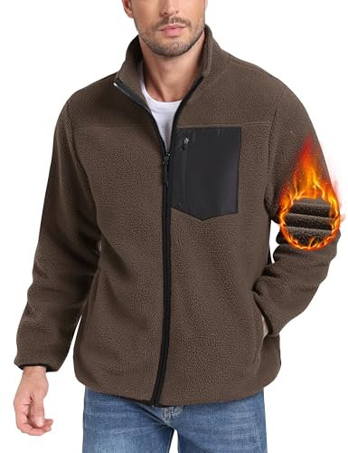 MoFiz Uomo Giacca in Pile con Zip Intera Caldo Collo Alto Senza Cappuccio Cappotto Leggero Autunno Inverno con Tre Tasche Marrone EU L