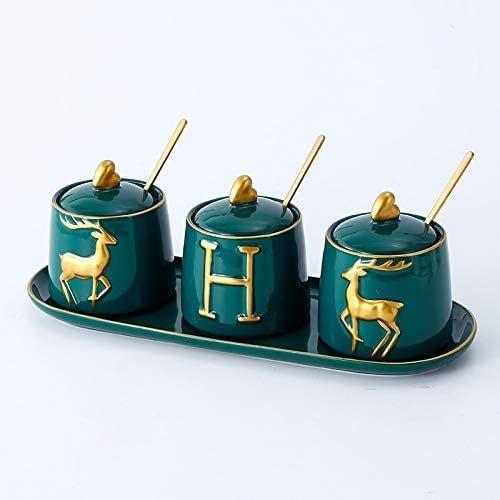 DACUDA Gewürzflaschen-Gewürzglas-Set, Gewürzbox-Kombination, Küchen-Gewürzflasche für Zucker und Salz, Keramik-Gewürzglas für den Hausgebrauch (C Three)