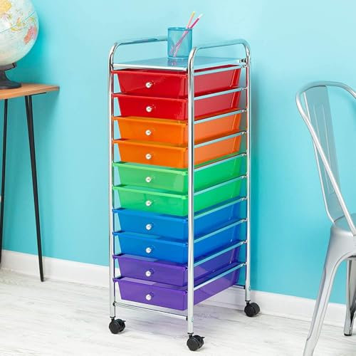 Top Home Solutions®Storage Drawers On Wheels – 10 Drawer Trolley Plastic Rolling Cart Organizer with 2 Lockable 360° Wheels For Home, Office, School, And Salon (Multicolor)