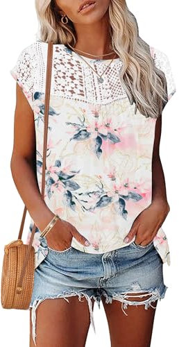 WNEEDU Womens Summer T Shirts Lace Tops Cap Short Sleeve Tshirt Crew Neck Casual Blouses Elegant White Pink Flower L