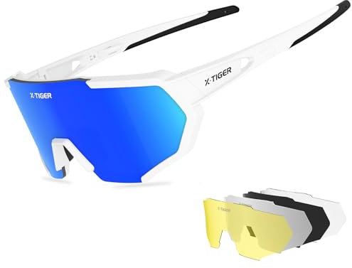 X-TIGER Fahrradbrille, Herren Damen Sportbrille, UV400 mit 5 Wechselgläser,Starker TR90 Frame, mit Montierbarem Brillenband & Ohrhaken, Outdoor-Sport/Radfahren/Laufen/Autofahren/Angeln/Golf