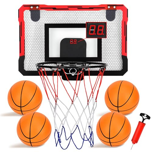 Pangutiandi Basketball Hoop Indoor, Mini Basketball Hoop for Kids Wall Mounted with 4 Balls and Electronic Scoreboard, Gifts for Girls Boys Age 3-12 Years