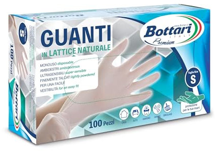 Bottari Guanti in Lattice Monouso con Talco, Confezione da 100 Pezzi, Taglia S, Resistenti e Comodi