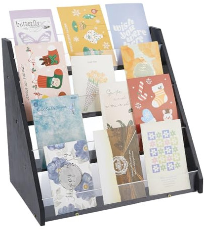 DICOSMETIC 4-Tier Grußkarten Display Ständer Aus Bambus Und Acryl Aufkleber Display Ständer Schwarz Karten Organizer Regale Postkarten Display Regal Für Zuhause Oder Einzelhandelszähler