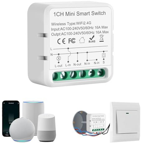 Interruptor wifi Alexa, Interruptor inteligente wifi, 2.4G Modulo Rele WiFi, Smart Switch para Alexa, Tuya App, Smart Life App, Max 16A, Conductor Neutro Necesario