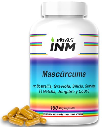 Mascúrcuma – suplemento antiinflamatorio natural con curcumina 95 % – boswellia serrata – jengibre – graviola – granada – té matcha – coenzima Q10 – silicio orgánico – 180 cápsulas vegano – Masinmune