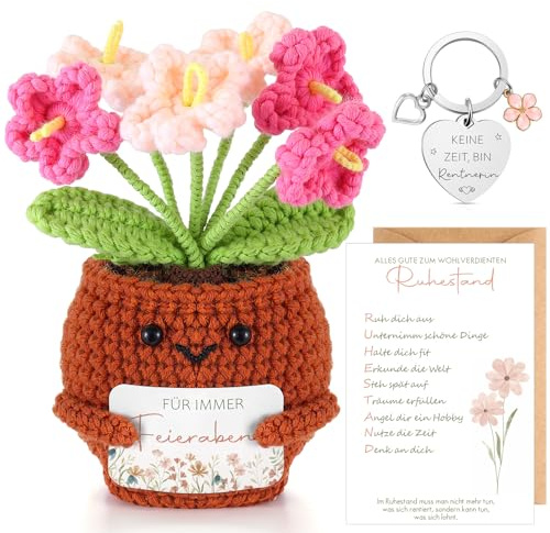 Otuuz Ruhestand Geschenk für Frau Abschiedsgeschenk für Kollegen Lehrer Gestrickte Blumentopf Puppe Ruhestand Karte Rentnerin Schlüsselanhänger Renteneintritt Geschenk für Kollegen Pension Rente Deko