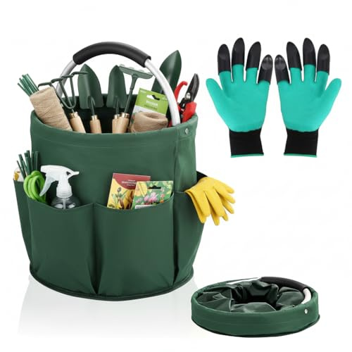 KATLKIU 17L Faltbare Gartentasche mit 6 Außentaschen, wasserdichte Werkzeugtasche/Aufbewahrungskorb/Organizer für Garten, Haus, Camping & Picknick mit Gartenhandschuhen