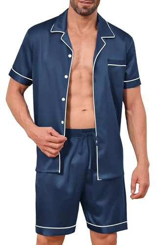 Elainone Pyjama Homme Satin 2 Pièces Pyjama Set Court Homme Luxe avec Poches & Taille Ajustable Tissu Doux et Confortable