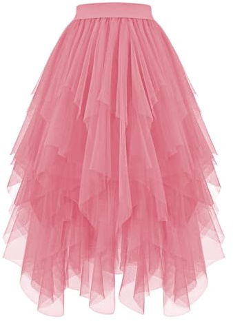 JASGOOD Jupe Tulle Femme Mi-Longue Jupe Tutu Asymétrique Haute Taille Élastique pour Quotidien Fête A-Ligne Mi-Mollet