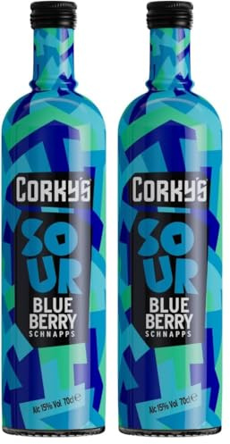 Corky's Sour Blueberry Schnapps 70cl | Shots | 15% ABV | Sour Bueberry Liqueur | Blue Vodka Schnapps | Party Shots, Cocktail Ingredient, Pre Drinks, Alcohol (Pack of 2)