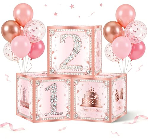 21st Birthday Decorations for Her, 3Pcs Rose Gold 21st Birthday Boxes | 21 Year Old Party Supplies Cardboard Box , Twenty-First Birthday Theme Cube Boxes Table Decorations for Girls