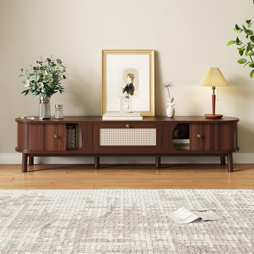 BTM Rustic Atmosphere TV Stand – TV Cabinet with Solid Natural Wood Doors & Rattan Drawers, Natural Storage Solutions, Walnut
