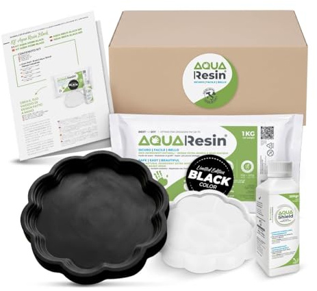 Aqua Resin® Black Kreativ-KIT – Absolut schwarzer Alpha-Gips 1 kg + Form + Aqua Shield Imprägnierung + Projektanleitung für Keramik-Effekt, DIY Design