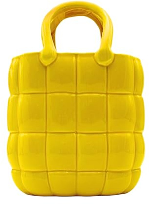 Blumenvase, Dekovase, Pflanzenvase, Tischvase, Keramikvase, Blumenvase als Handtasche, Handtaschenvase aus Keramik, in gelb mit Henkel Größe: L/B/H 18 x 10 x 25 cm.
