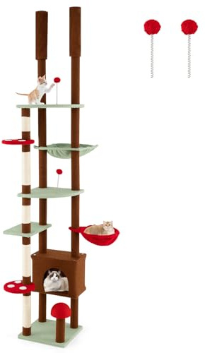 COSTWAY Floor to Ceiling Cat Tree, Tall Cat Tower with 202-224cm/238-265cm Adjustable Height, Condo, Hammock, Basket, Sisal Scratching Posts & 2 Spring Balls, Indoor Kittens Climbing Activity Center