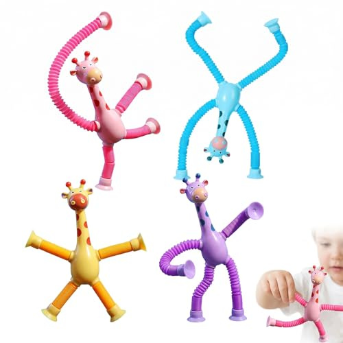 FIQLUL 4er Set Teleskop Saugnapf Giraffe Spielzeug für Kinder, Pop Tubes Fidget Toy Giraffen, Saugnapf Spielzeug Baby & Kleinkinder, Sensorik Spielzeug Set, Stressabbau Geschenk für Jungen Mädchen