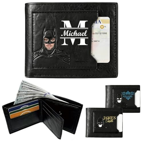 UIDMEN Personalisiertes Fledermaus-Portemonnaie mit Namen, PU-Leder, Kartenhalter mit Gesichtsausschnitt, mehrere Fächer & Geldfach, Geschenke für Opa, Papa, Mann, Vatertag & Weihnachten.