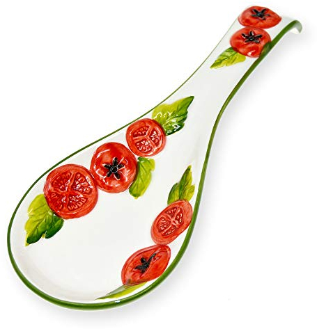 Lashuma Handgemachte Löffelablage aus Italienischer Keramik, Kochlöffelablage Reliefdekor im Tomaten Design, Löffelhalter 28 cm
