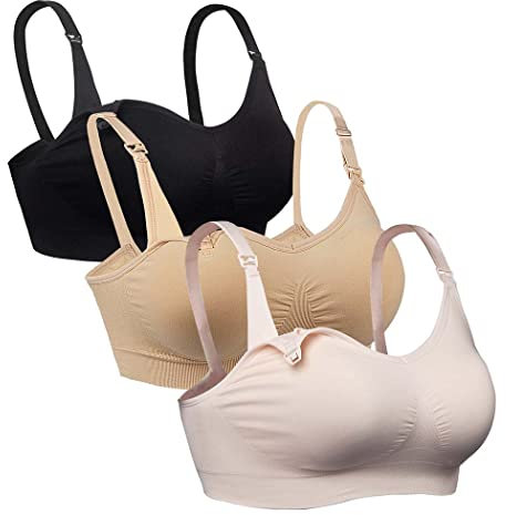 iloveSIA Nursing Bras for Mom Breastfeeding, Seamless Supportive Sleep Bra for Maternity Postpartum S-2XL 3Pack, Black+nude+pink, L