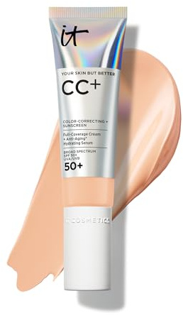 IT Cosmetics CC+ Cream (Light Medium) - Natural Full Coverage Foundation With SPF 50+, Color Corrector & Anti-Aging Hydrating Serum, Hyaluronic Acid + Peptides, Lightweight - 1.08 fl oz