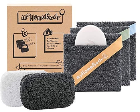 myHomeBody Soap Pocket Squares Exfoliating Pouch, Body Scrubber, Exfoliator Sponge for Bath or Shower, or Leftover Bits Saver, Graphite Gray, 3 Pack + 2 Lift Pads