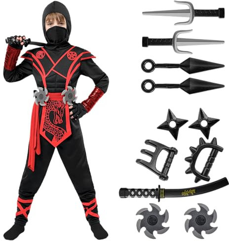 Spooktacular Creations Ninja Dragon Red Costume Outfit Set for Kids Halloween Dress Up Party (Large (10-12 yrs))