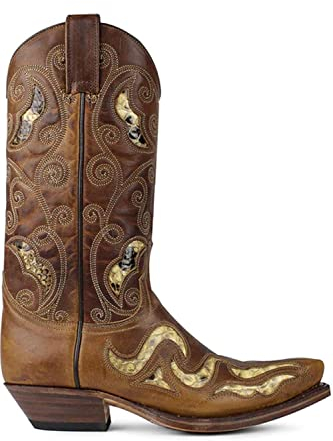 Sendra Boots 7490 Cuervo Marrone Uomo Cowboy Western Biker Stivali A Punta Tacco Inclinato Cuciture Decorative Collo Ornementale Gamba Alta Fatto A Mano Vera Pelle (numeric_45)