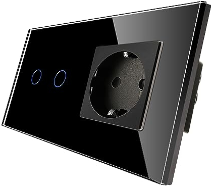 CNBINGO Touch Lichtschalter mit Schuko Steckdose unterputz - Wandschalter zweifach in Schwarz - Berührungsschalter mit Glasrahmen und Status-LED - 500W/Fach