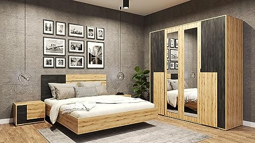Fabryka Mebli Idźczak Schlafzimmer-Set Bafra Bettgestell - Doppelbett Ehebett - Kleiderschrank mit Spiegel, Nachttisch, Kommode - Artisan Eiche/Schwarze Norwegische Kiefer