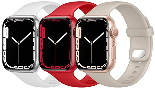 Lobnhot Compatible with Apple Watch Straps 45mm 44mm 42mm 41mm 40mm 38mm, Soft Sport Silicone Band for iwatch Series 7 SE 6 5 4 3 2 1 for women men,White/Red/Starlight Beige,42/44/45mm
