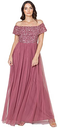 Maya Deluxe Damen Ladies Bardot Dress Women Maxi Embellished Hight Empire Waist Sleeveless Tulle for Wedding Guest Prom Graduation Brautjungfernkleid, Desert Rose, 20