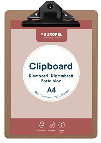EUROPEL Porte-bloc en bois, Planche Rigide Durable avec Pince Métallique Noire et Oeillet de Suspension, A4 Porte-document pour Classe d’école, Bureau, Entreprise, Restaurant, Entrepôt, Portrait
