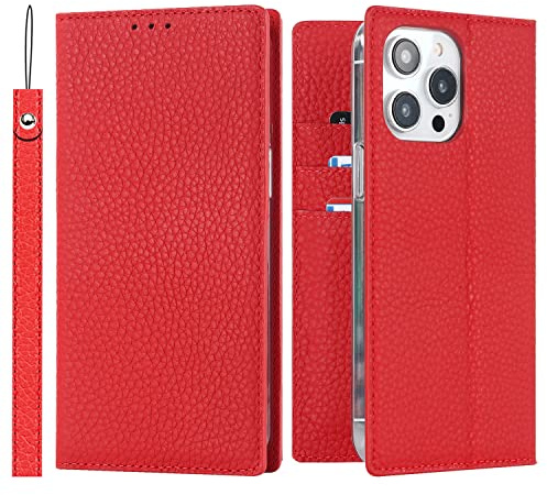Cavor Phone Case Compatible for iPhone 14 Pro Max,Genuine Leather Flip Wallet Case,[3 Card Holders][Magnetic Closure][RFID-Blocking][Lanyard],Protective Case Cover for iPhone 14 Pro Max - Red