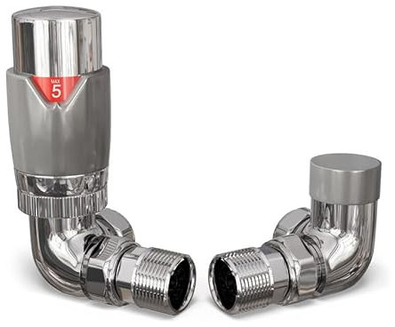 UK Radiators Silver Thermostatic Radiator Valve and Corner Lockshield Valve - Gloss Silver Finish - Classy and Modern Design 1/2 x 15mm Corner Radiator Valve