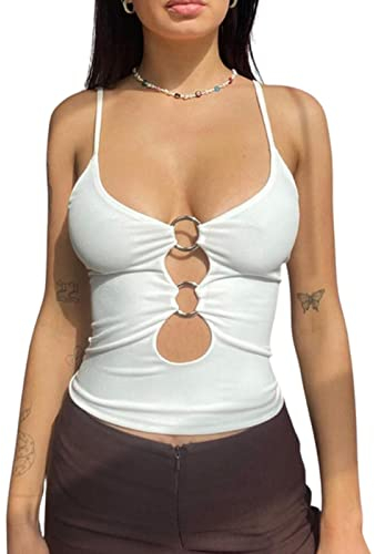 CHOUX Getailleerd zomershirt voor dames met decoratieve ringen, effen cropped top met U-hals-white,m
