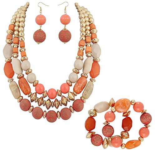 BOCAR Ensemble de collier de perles à 3 couches avec boucles d'oreilles, collier multicouche pour femme (NK-10625-rose corail+er+br), Standard, Bois acrylique, Pas de gemme