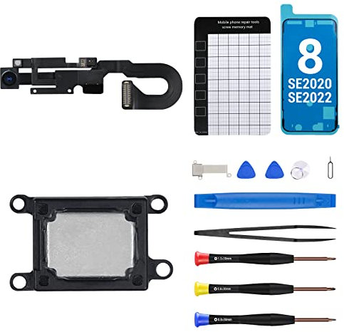 for iPhone 8 Ear Speaker Replacement for iPhone SE 2020 Repair Earpiece 7MP New Front Camera Replacement with Ambient Light Sensor Proximity Sensor Flex Cable Connector Fix Tool Kit A1863 A1905 A1906