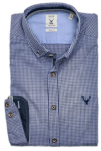 Pure Slim Fit Trachtenhemd Langarm Button Down Kragen Karo dunkelblau Größe S