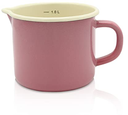 Krüger Emaille-Milchtopf Rosa 12cm, 1 Liter - Topf mit Vollkontaktboden für energiesparendes Kochen - praktischer Ausguss & Literskala - spülmaschinen- & induktionsgeeignet (Rosa)